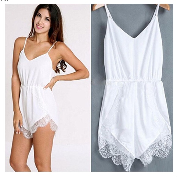White Chiffon Lace V-Neck Romper - Picture 4 of 6